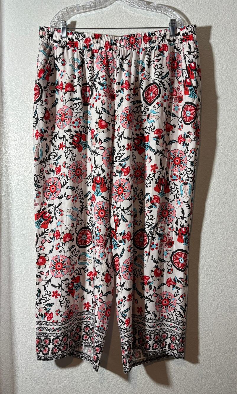 Tahari Women's Size 3X Wide Leg Boho Pants Botanical Floral Print Multicolor
